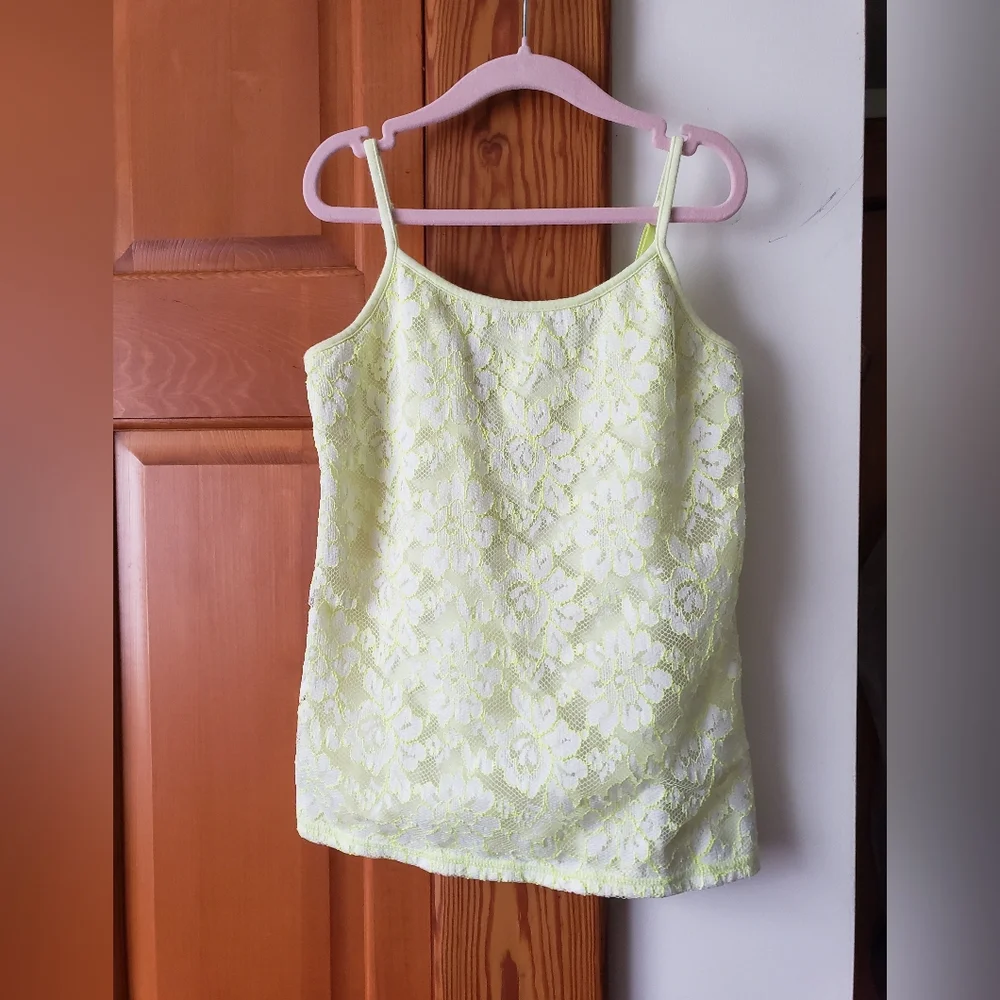 Nwot Floral Lace Overlayed Neon Yellow Lime Cami Top W Built In Bra 10 Justice